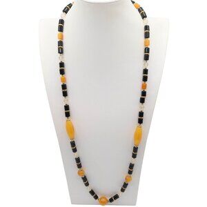 Vintage Acrylic Black & Butterscotch Long Gold Tone Beaded Necklace 32"